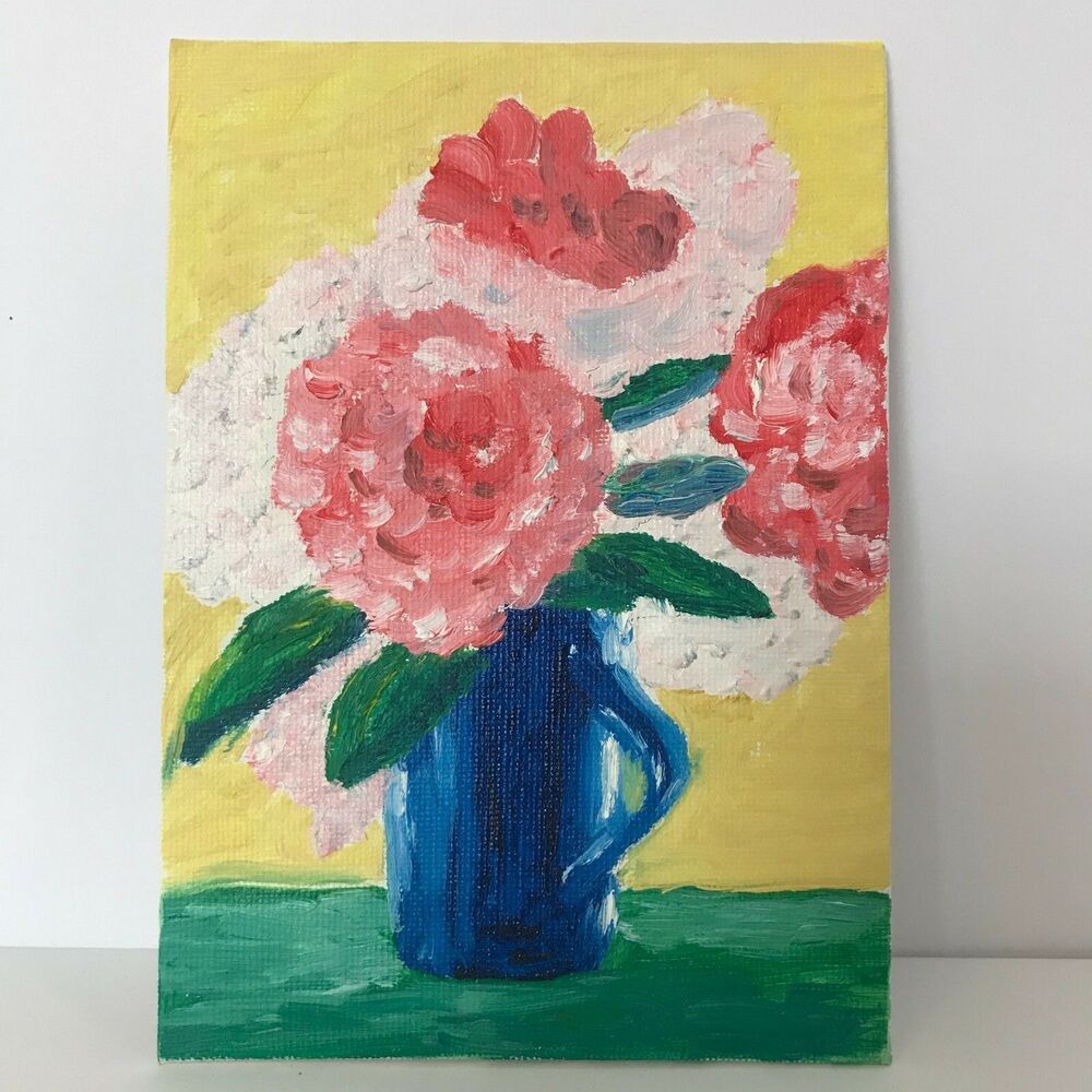 Original Oil Painting on Canvas Board Pink Flowers in Blue Pitcher 5x7" Unframed